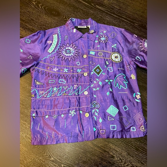 Vintage Chicos Purple Silk Button Down Embroidered Patterned Jacket Size 1 - Picture 2 of 11